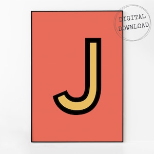 Printable Poster, Funky Letter J, Instant Download, Multiple Colors, Custom Initial Print, Colorful Wall Art, Kids Nursery Decor, Teen Decor