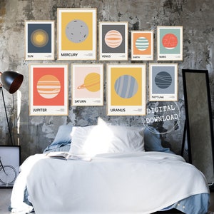 Solar System Gallery Wall Art, Set Of 9 Printable Posters, 8 Planets And The Sun, Bauhaus Space Prints, Funky Kids Room Art, Colorful Decor
