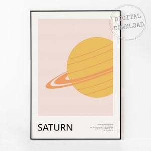 Saturnus-print, minimalistische ruimte afdrukbare muurkunst, funky interieur, poster retro planeet, kamerdecor zonnestelsel