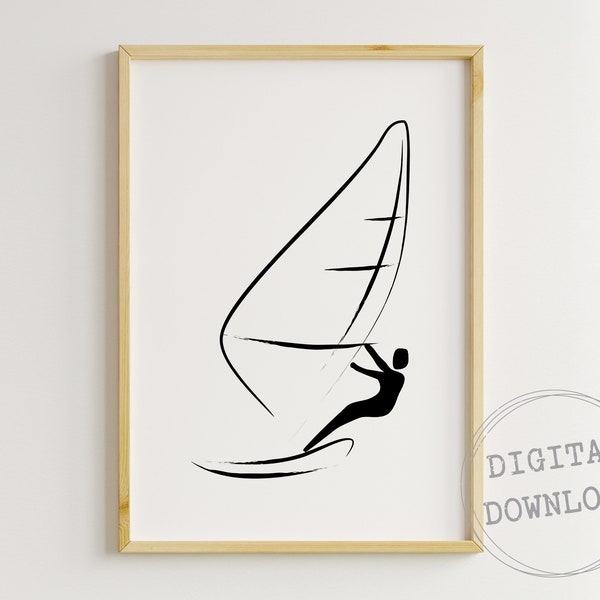 Schizzo di windsurf, arte della parete stampabile, disegno a inchiostro digitale, windsurf, arte degli sport acquatici, arte minimalista in bianco e nero, download digitale