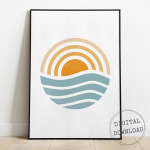 Abstracte oceaanzonsondergang print, halverwege de eeuw moderne, afdrukbare muurkunst, golven poster, moderne surf home decor, instant download
