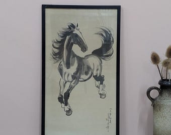 Litografía vintage de los años 50 titulada "El Potro" (The Colt), obra de Xu Beihong.