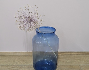 Jarrón/tarro decorativo vintage grande de cristal azul