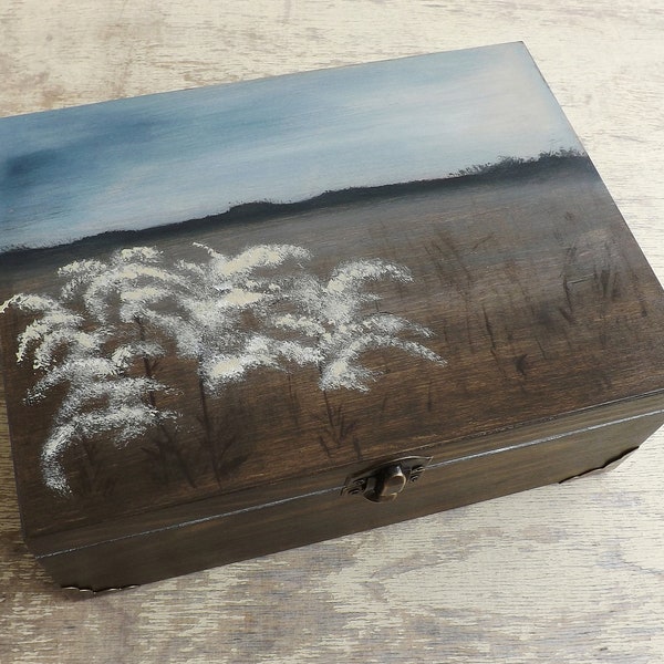 Wood Tea box - Canadian Goldenrod, hand-painted custom wooden chest Autumn landscape faded flowers, Tea bag holder organizer