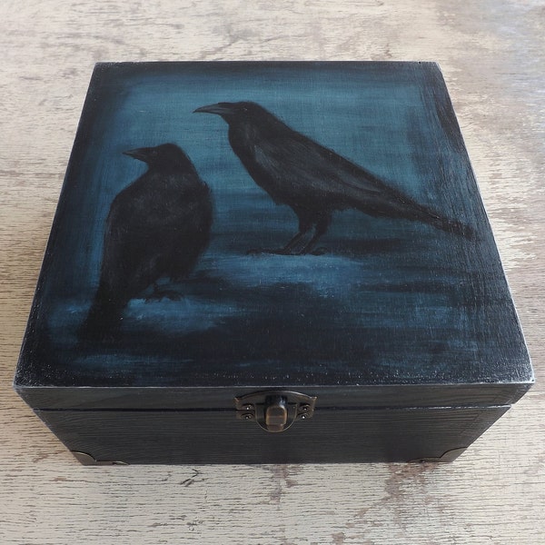 Wood Tea box - Ravens in Blue, hand-painted custom wooden chest in gothic mood, Tea bags holder organizer