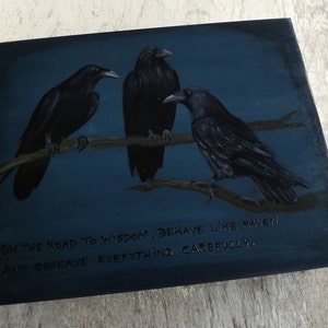 Big wood Tea chest - Ravens in Blue, hand paint custom wooden box in gothic mood, personalized Tea bags holder organizer