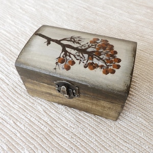 Wood tiny chest - Rowan berries, hand-painted custom wooden small decorative box, Autumn Fall tree branch