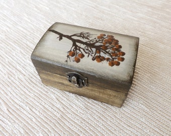 Wood tiny chest - Rowan berries, hand-painted custom wooden small decorative box, Autumn Fall tree branch