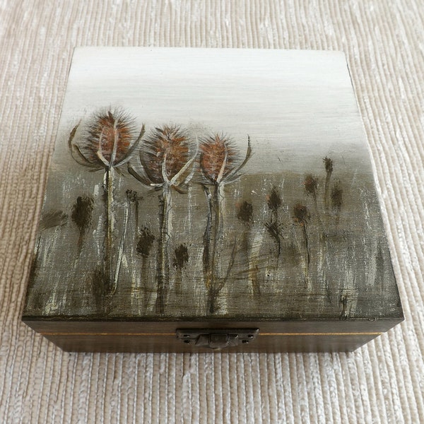 Wood box - dried Thistle, hand painted custom wooden chest Autumn meadow motif