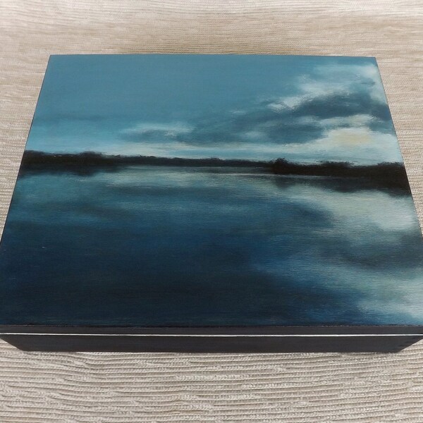 Big tea box - Evening Lake, hand painted OOAK wooden chest blue mood art Tea bags storage