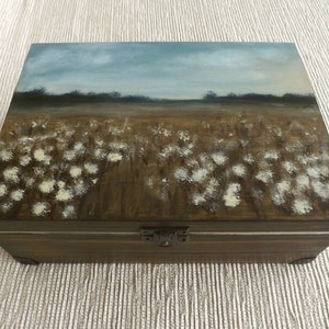 Wood Tea box - Asters in Meadow, hand-painted custom wooden chest Autumn landscape faded flowers, Tea bags holder organizer