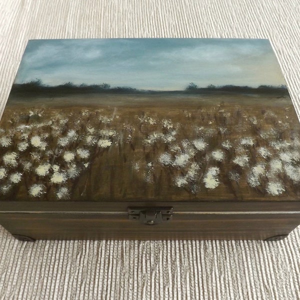 Wood Tea box - Asters in Meadow, hand-painted custom wooden chest Autumn landscape faded flowers, Tea bags holder organizer