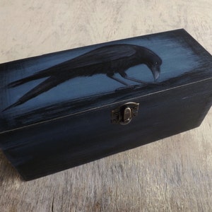 Wood Tea box - Raven in Blue, hand-paint customizable wooden chest in gothic mood, Tea bags holder organizer with 3 compartments