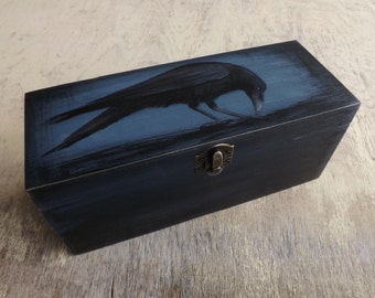 Wood Tea box - Raven in Blue, hand-paint customizable wooden chest in gothic mood, Tea bags holder organizer with 3 compartments