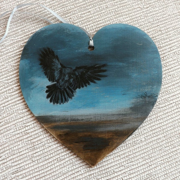 Wooden decor with Ravens in Blue, hand-paint laser cut wood hanging heart in melancholy mood, painting Raven home decoration