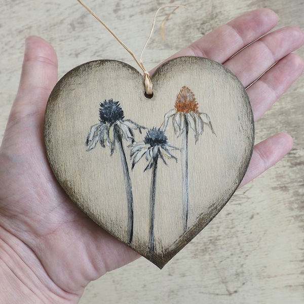 Wooden decor with dried flowers, hand-paint laser cut wood hanging heart home decoration Autumn melancholy mood