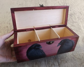 Wood Tea box - Ravens in Red Vine, hand-paint personalizable wooden chest in gothic mood, Tea bags holder organizer with 3 compartments