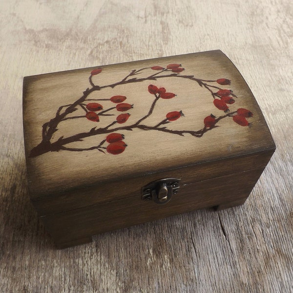 Wooden trunk - wild Rose hips, hand paint personalized Autumn box, small chest with dog-Rose berries painting