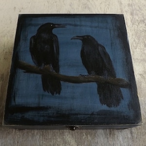 Big wooden Tea box - Ravens in Blue, hand-painted custom wood chest in gothic mood, Tea bag holder organizer