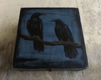 Big wooden Tea box - Ravens in Blue, hand-painted custom wood chest in gothic mood, Tea bag holder organizer