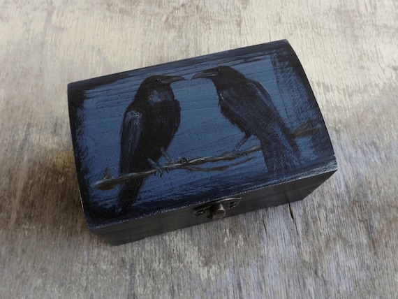 Wooden trunk with Ravens, handpainted personalized wood box, small Paynes Grey chest, painting Odin's Ravens