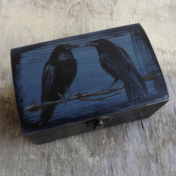 Wooden trunk with Ravens, handpainted personalized wood box, small Paynes Grey chest, painting Odin's Ravens