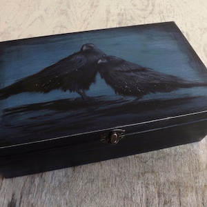 Big wooden Tea chest - Ravens in Blue, hand-paint custom wood box in dark gothic mood, 8 compartments Tea bags storage holder organizer