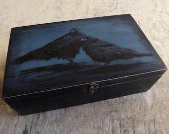 Große hölzerne Teekiste - Ravens, handbemalte benutzerdefinierte Box mit 8 Fächern, Aufbewahrungshalter für Teebeutel
