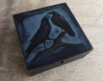 Big wooden Tea box - Ravens in Blue, hand-paint custom wood chest in dark gothic mood, Tea bags holder organizer storage