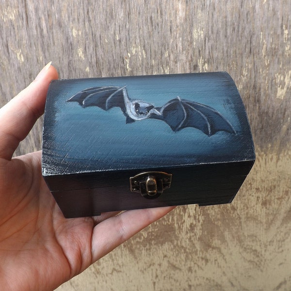 Wood mini trunk with Bat, hand painted custom small wooden chest, Blue night mood tiny box