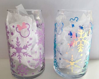 Mickey or Minnie Mouse Winter Snowflake Beer Can Glass