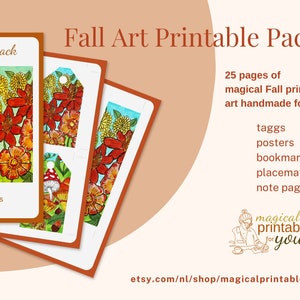 Op de afbeelding: Een printbaar pakket met 25 pagina's met herfstthema illustraties. Het pakket bevat labels, posters, bladwijzers, placemats en notitiepagina's. De illustraties bevatten paddenstoelen, bloemen en bladeren in tinten rood, oranje, geel en groen.