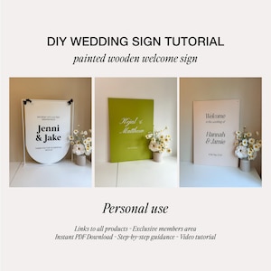 Op de afbeelding: DIY trouwborrelbord tutorial met geschilderde houten welkomstborden. De afbeelding toont drie verschillende trouwborrelborden met namen en data. De borden zijn wit, groen en roze, met bloemstukken.