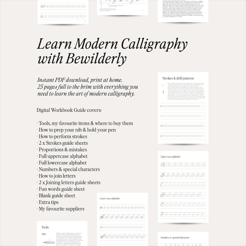 May include: A digital workbook guide for learning modern calligraphy. The guide includes 25 pages with instructions on tools, nib preparation, strokes, proportions, and alphabets. The guide also includes practice sheets for upper and lowercase letters, numbers, and special characters.