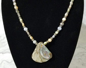 Abalone & Fresh Water Pearl Beaded Healing Handcrafted Pendant 22"