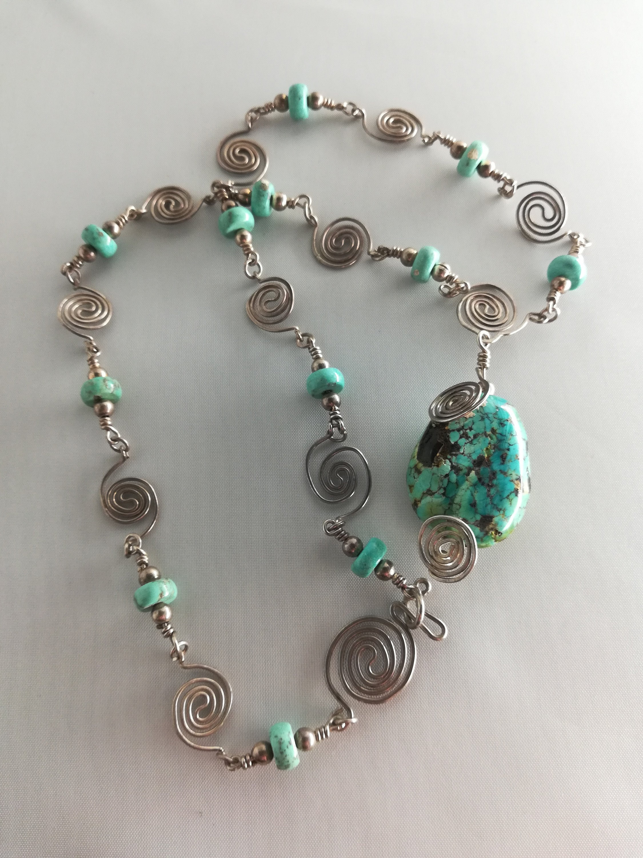 Turquoise Sterling Silver Labyrinth Swirl Necklace Native American Handmade