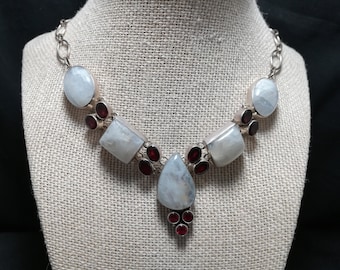 Moonstone Garnet Sterling Silver Necklace One-of-a-Kind