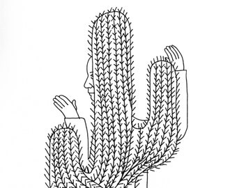 Black line drawing, cactus print, black and white, minimalist decor