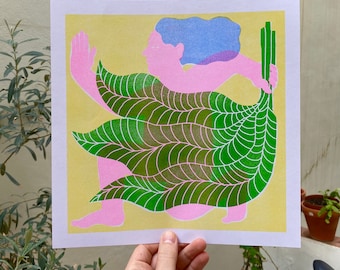 4 color risograph plant print wall decor