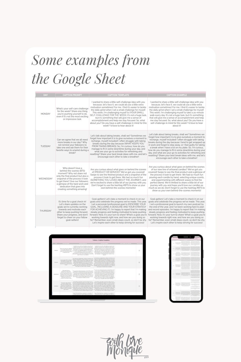 May include: A screenshot of a Google Sheet with a caption template for social media posts. The sheet includes a column for the day of the week, a caption prompt, a caption template, and a caption example. The caption prompts and examples are related to self-care, taking breaks, and sharing behind-the-scenes content.