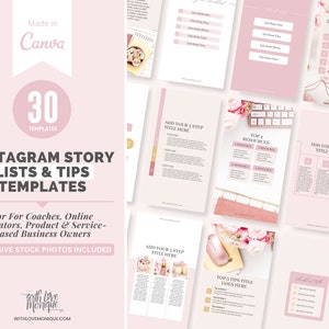 Może przedstawiać: Różowo-biały szablon marketingu cyfrowego do historii na Instagramie. Szablon zawiera różne projekty, w tym listy, wskazówki i zasoby. Tekst "30 szablonów" jest wyświetlany dużą, pogrubioną czcionką. Tekst "Szablony list i wskazówek do historii na Instagramie" jest wyświetlany mniejszą czcionką. Tekst "Dla trenerów, edukatorów online, właścicieli produktów i usług" jest wyświetlany mniejszą czcionką. Tekst "W zestawie ekskluzywne zdjęcia stockowe" jest wyświetlany mniejszą czcionką. Tekst "With Love Monique" jest wyświetlany mniejszą czcionką.