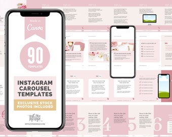 May include: A pink and white phone mockup displaying a digital product for 90 Instagram carousel templates. The text "Made in Canva" and "Exclusive Stock Photos Included" are visible on the mockup. The text "90 Templates" is in a large pink circle. The text "Instagram Carousel Templates" is in a black rectangle. The text "WithLoveMonique.com" is in a small white rectangle.