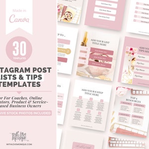 Może przedstawiać: Cyfrowy plik do pobrania w kolorze różowym i złotym, zawierający szablony postów na Instagramie. Tekst brzmi "Szablony postów na Instagramie: listy i wskazówki" oraz "Dla coachów, edukatorów online, właścicieli firm opartych na produktach i usługach". Tekst "30 szablonów" znajduje się w różowym kółku.