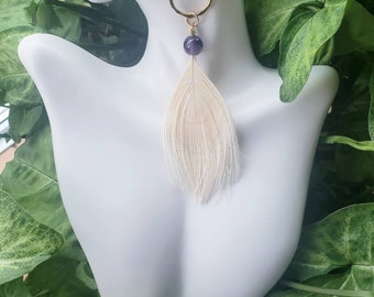 White Peacock Feather Earrings with Amnethyst/Boho Earrings/Wedding Earrings