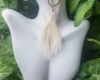 White Peacock Feather Earrings with Rose Quartz/Boho Earrings/Wedding Earrings