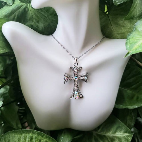 Gold Cross Necklace Rhinestone Cross Necklace Etsy