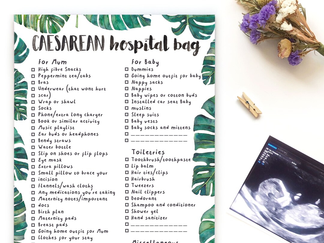 Caesarean Hospital Bag Checklist Leaves DIGITAL DOWNLOAD Etsy