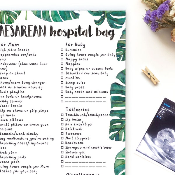 Caesarean hospital bag checklist Leaves (DIGITAL DOWNLOAD)