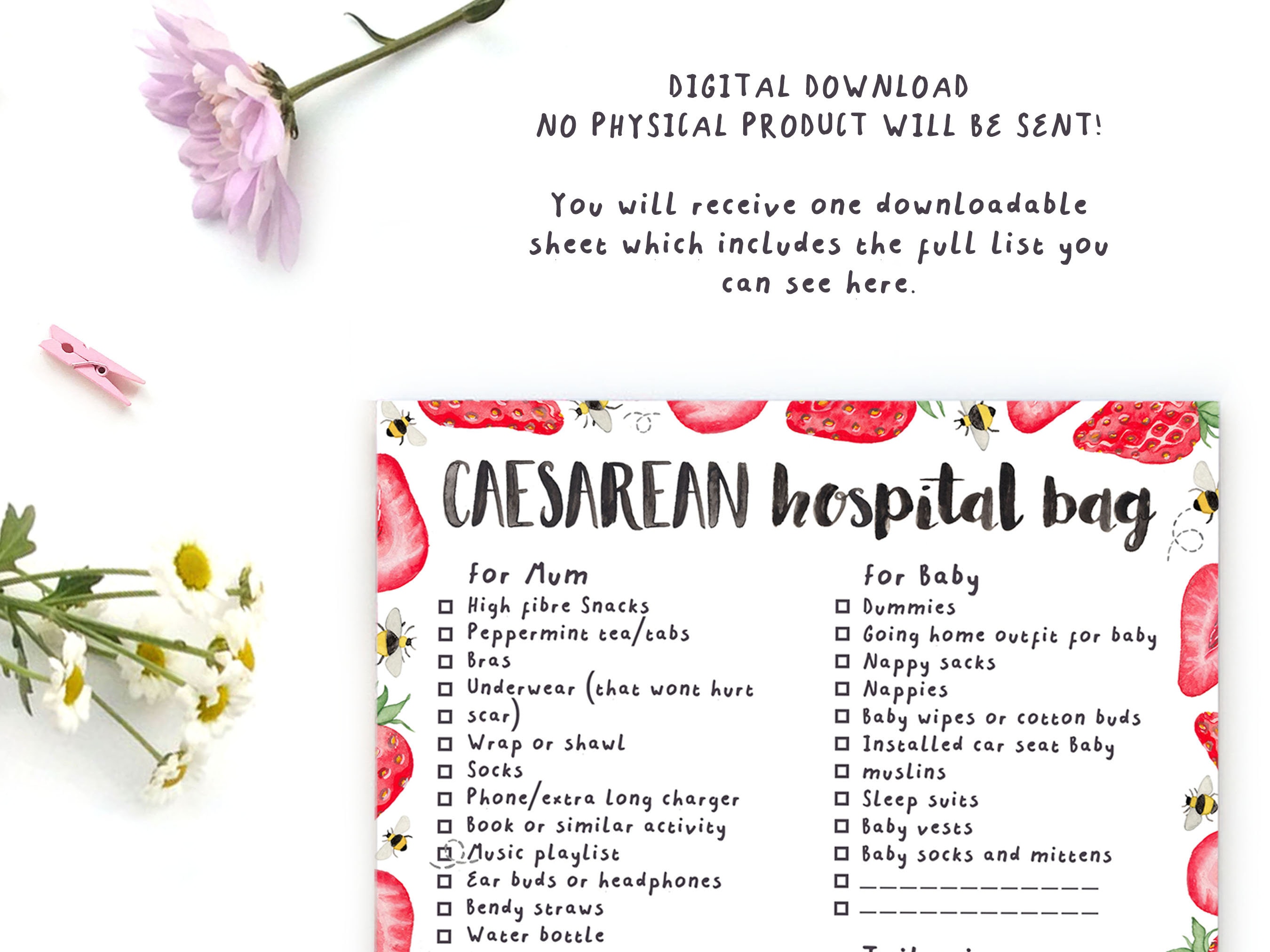 Caesarean Hospital Bag Checklist DIGITAL DOWNLOAD Etsy