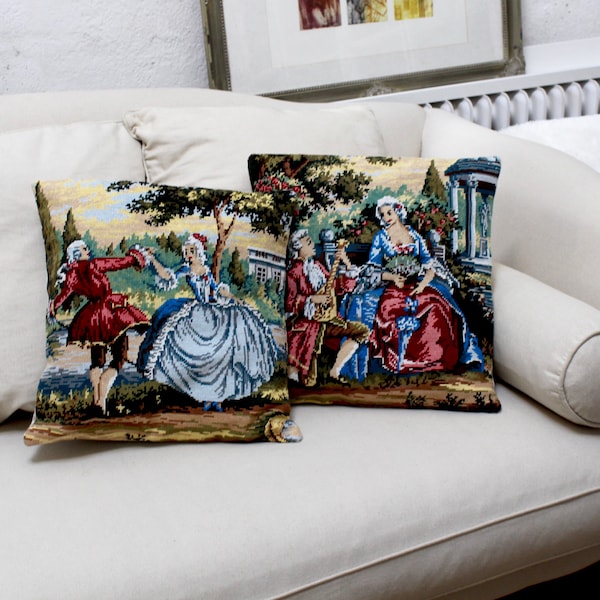 Pair of handmade needlepoint cushion covers pillows made with vintage french tapestry